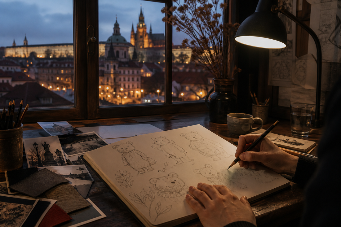 Designer sketching teddy bear characters in a Prague studio at dusk