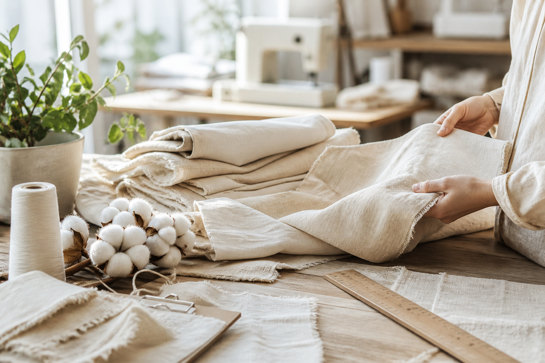 Natural organic cotton fabrics examined in a sunlit design studio