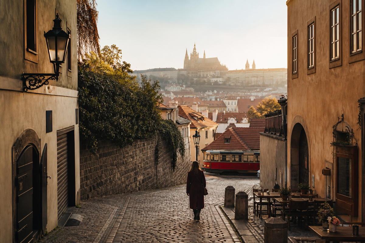 Golden-hour Prague street with red tram and castle view