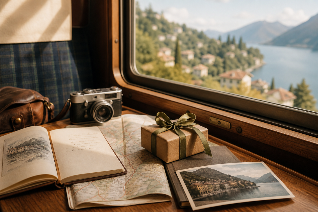 Thoughtful travel gift, journal, map and camera beside a scenic train window