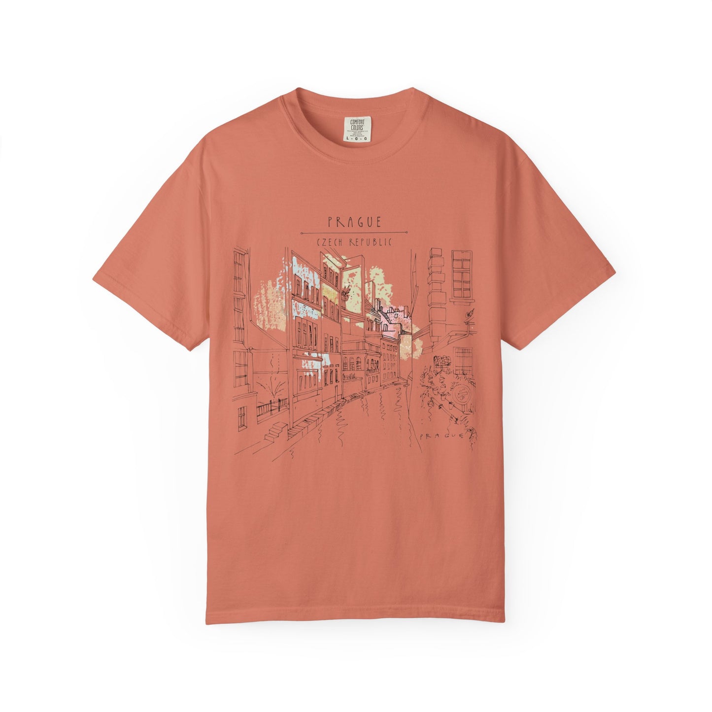 Prague Old Town Sketch T-Shirt | Unisex Vintage Garment-Dyed Tee | Travel Souvenir from Czech Republic