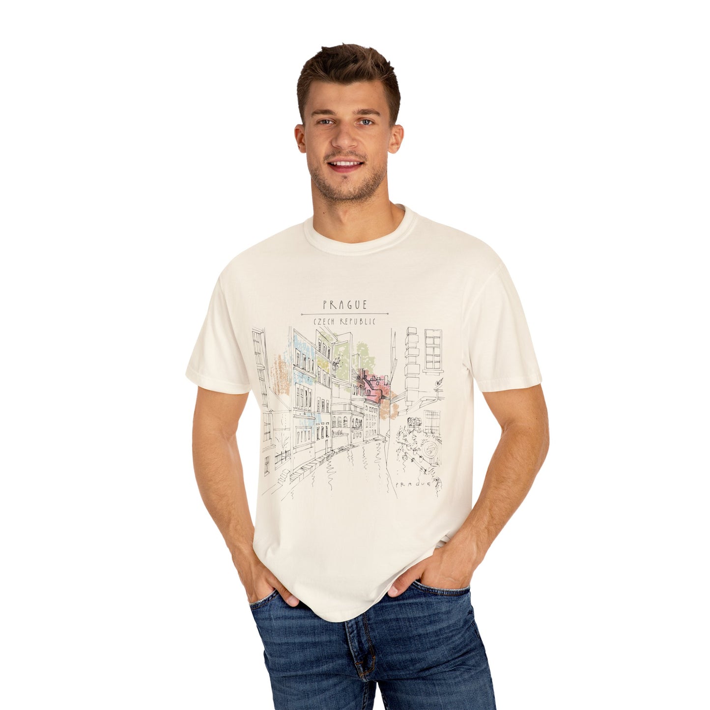 Prague Old Town Sketch T-Shirt | Unisex Vintage Garment-Dyed Tee | Travel Souvenir from Czech Republic
