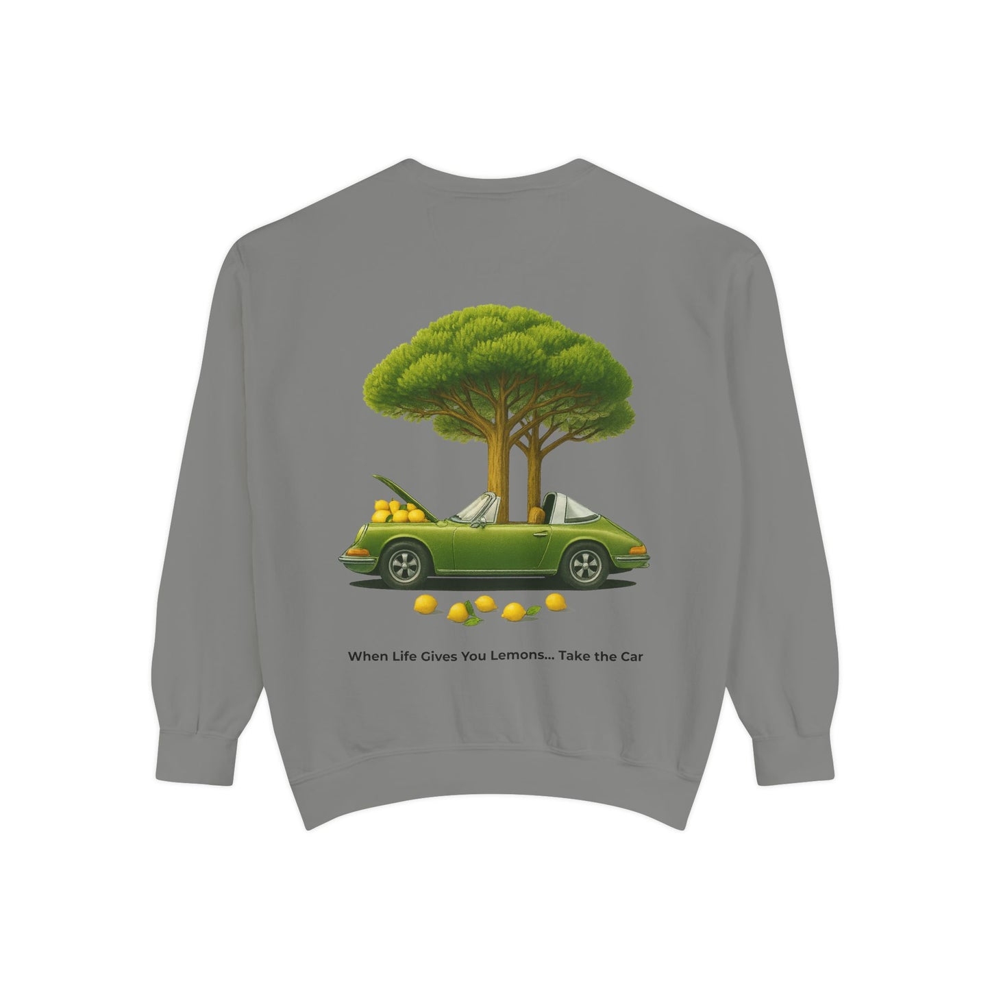 Vintage Car Graphic Crewneck Sweatshirt – Nature Scene Back Print