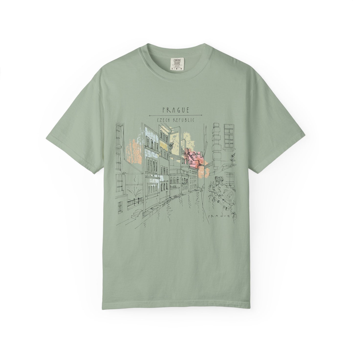 Prague Old Town Sketch T-Shirt | Unisex Vintage Garment-Dyed Tee | Travel Souvenir from Czech Republic
