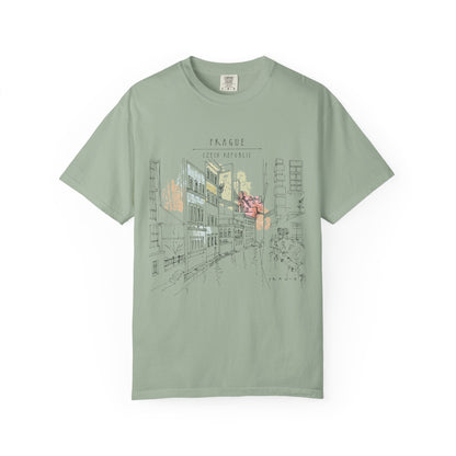 Prague Old Town Sketch T-Shirt | Unisex Vintage Garment-Dyed Tee | Travel Souvenir from Czech Republic