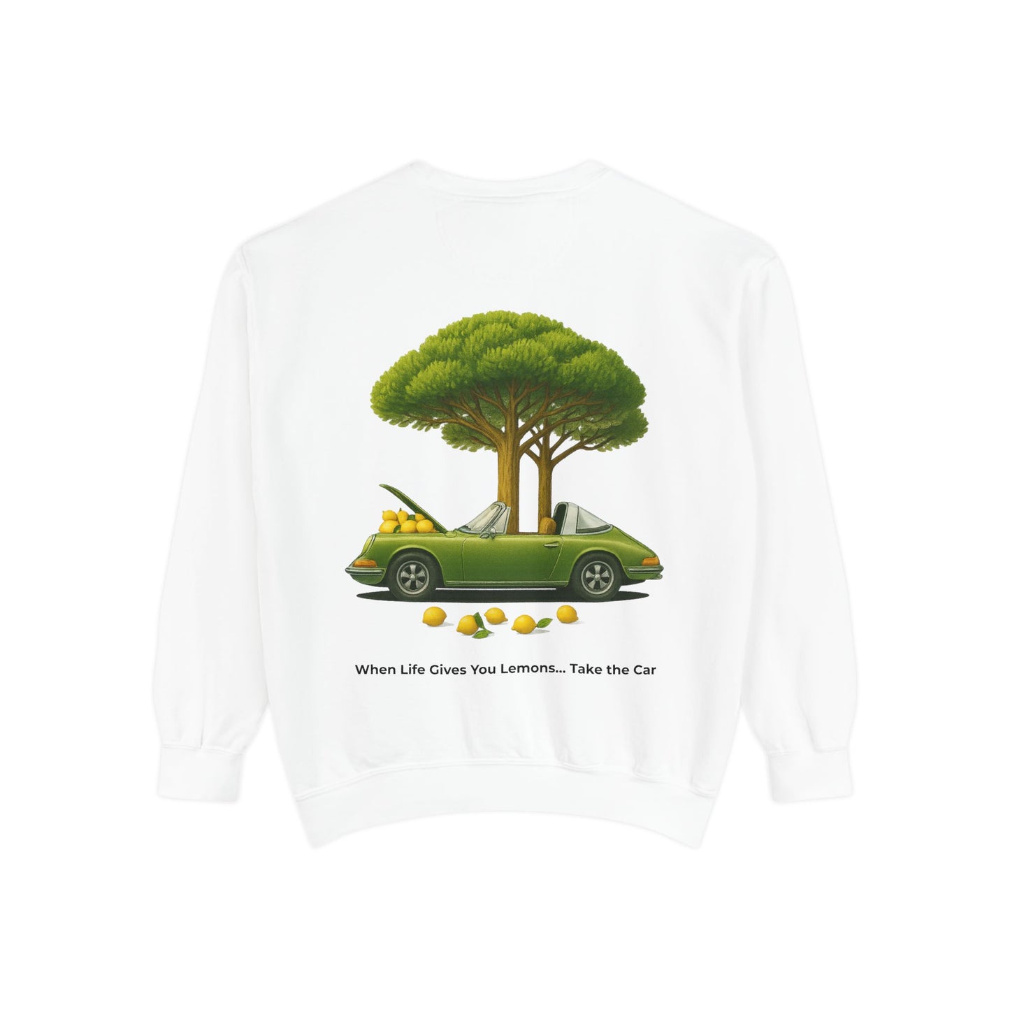 Vintage Car Graphic Crewneck Sweatshirt – Nature Scene Back Print