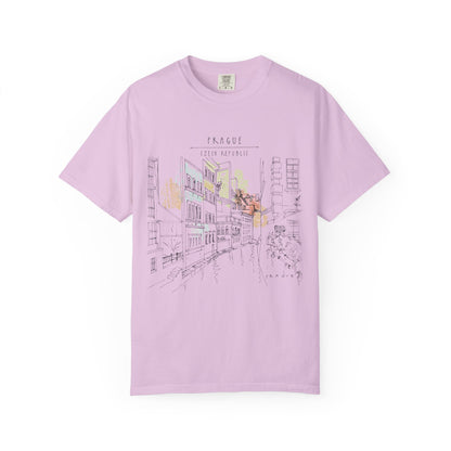 Prague Old Town Sketch T-Shirt | Unisex Vintage Garment-Dyed Tee | Travel Souvenir from Czech Republic