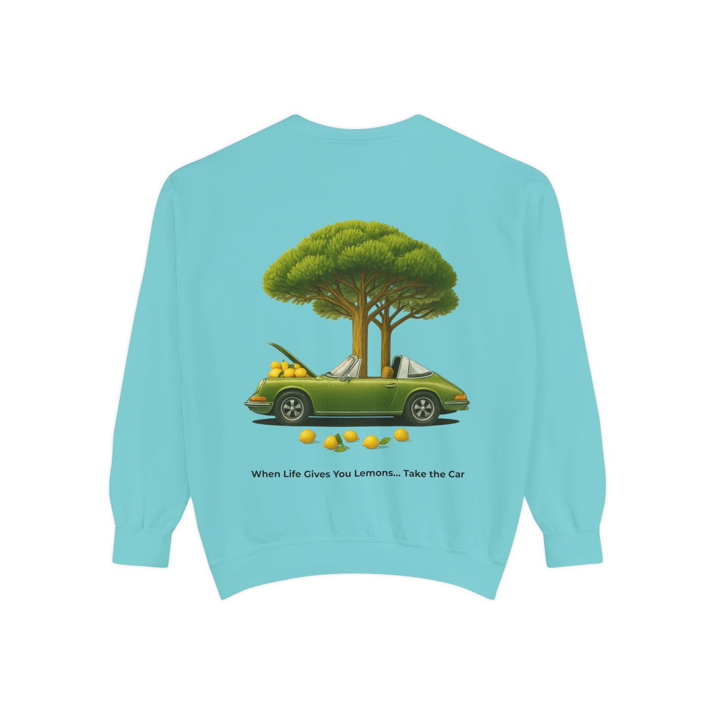 Vintage Car Graphic Crewneck Sweatshirt – Nature Scene Back Print