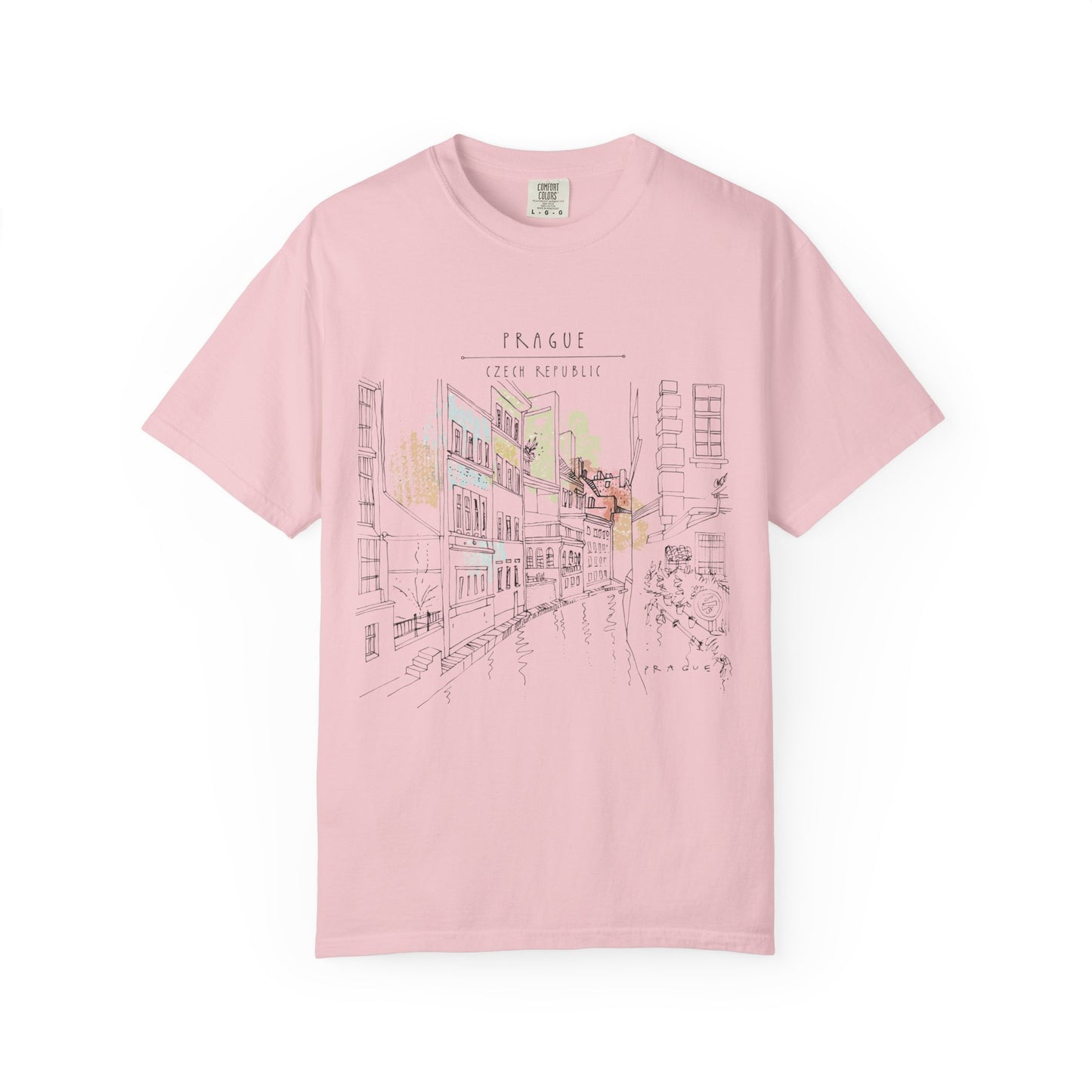 Prague Old Town Sketch T-Shirt | Unisex Vintage Garment-Dyed Tee | Travel Souvenir from Czech Republic