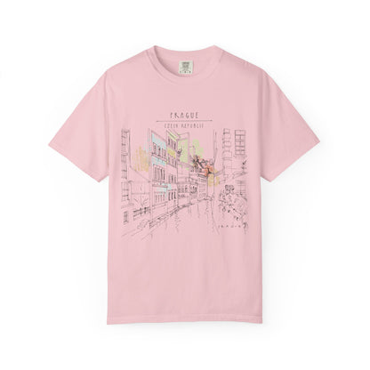Prague Old Town Sketch T-Shirt | Unisex Vintage Garment-Dyed Tee | Travel Souvenir from Czech Republic
