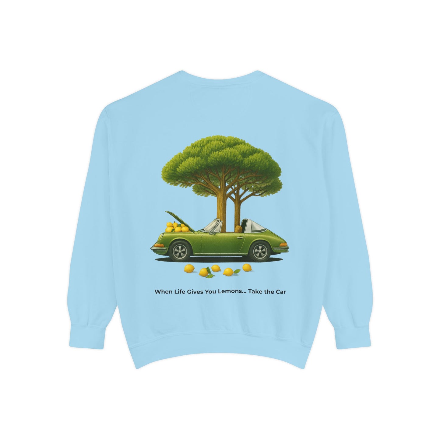 Vintage Car Graphic Crewneck Sweatshirt – Nature Scene Back Print