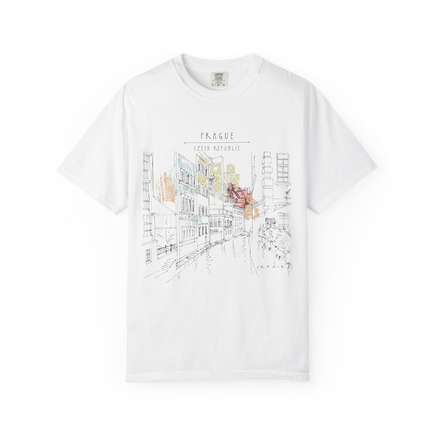 Prague Old Town Sketch T-Shirt | Unisex Vintage Garment-Dyed Tee | Travel Souvenir from Czech Republic