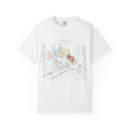 Prague Old Town Sketch T-Shirt | Unisex Vintage Garment-Dyed Tee | Travel Souvenir from Czech Republic