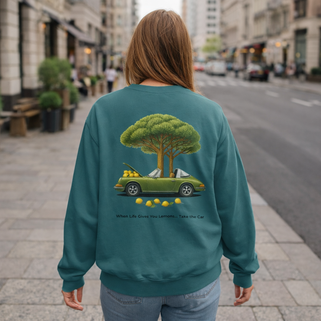 Vintage Car Graphic Crewneck Sweatshirt – Nature Scene Back Print