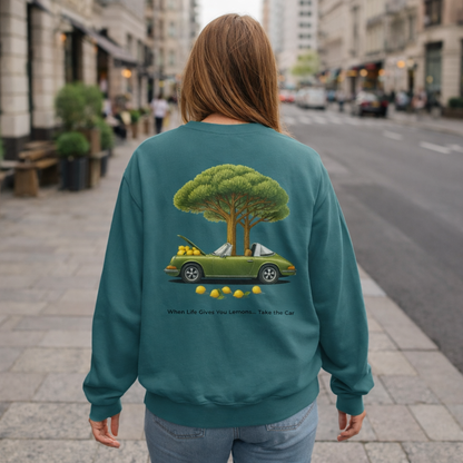 Vintage Car Graphic Crewneck Sweatshirt – Nature Scene Back Print