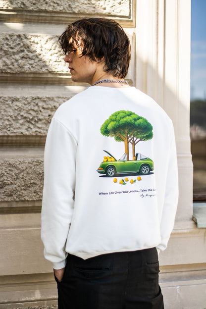 Vintage Car Graphic Crewneck Sweatshirt – Nature Scene Back Print