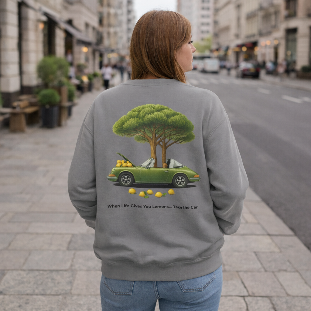 Vintage Car Graphic Crewneck Sweatshirt – Nature Scene Back Print