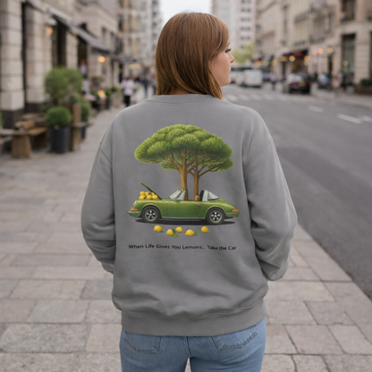 Vintage Car Graphic Crewneck Sweatshirt – Nature Scene Back Print