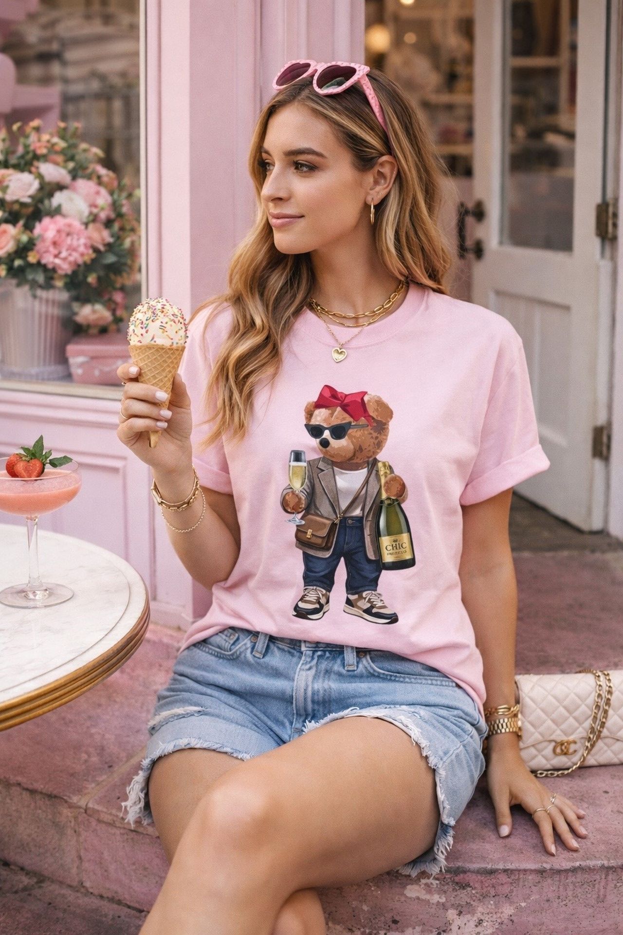 Champagne Teddy Bear T-Shirt – Cute Stylish Graphic Tee