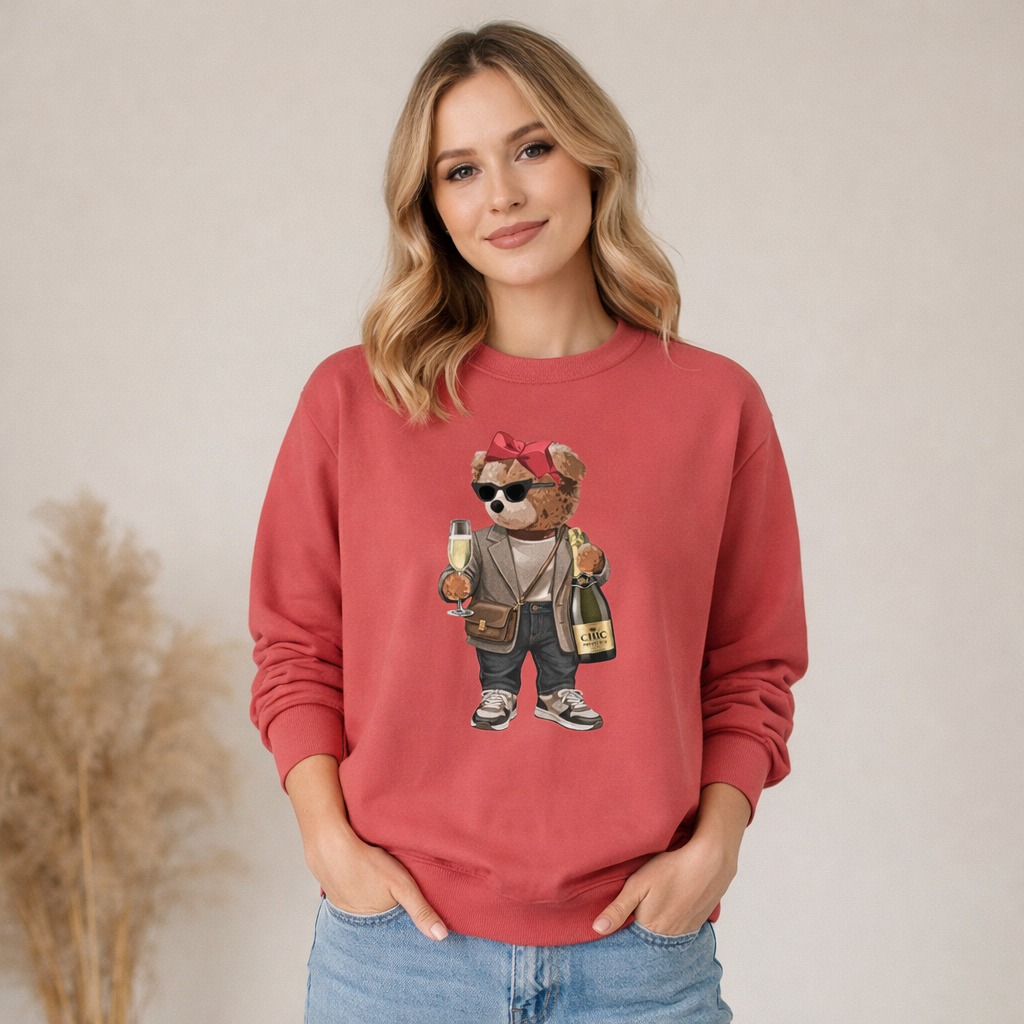 Cute Party Bear Sweatshirt, Funny Champagne Bear Graphic Crewneck, Unisex Cozy Pullover