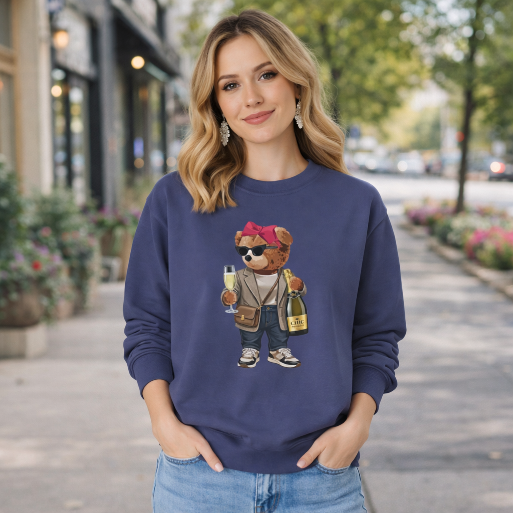 Cute Party Bear Sweatshirt, Funny Champagne Bear Graphic Crewneck, Unisex Cozy Pullover
