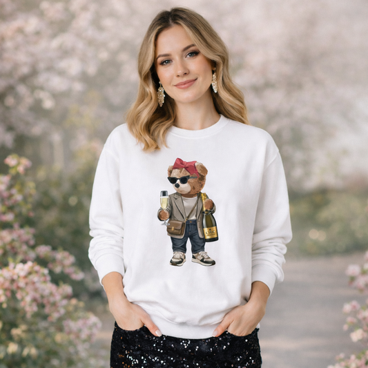Cute Party Bear Sweatshirt, Funny Champagne Bear Graphic Crewneck, Unisex Cozy Pullover