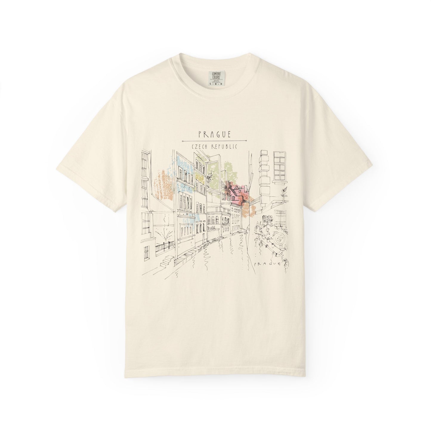 Prague Old Town Sketch T-Shirt | Unisex Vintage Garment-Dyed Tee | Travel Souvenir from Czech Republic