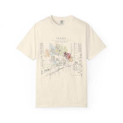 Prague Old Town Sketch T-Shirt | Unisex Vintage Garment-Dyed Tee | Travel Souvenir from Czech Republic
