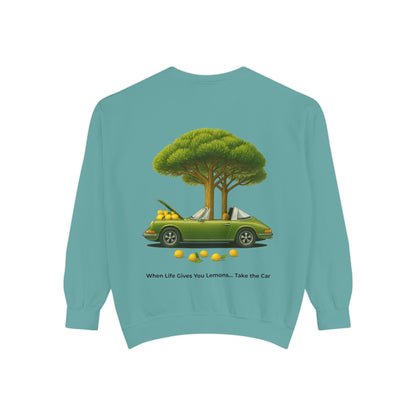 Vintage Car Graphic Crewneck Sweatshirt – Nature Scene Back Print
