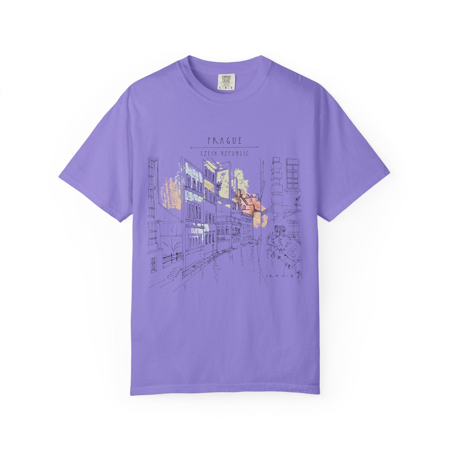 Prague Old Town Sketch T-Shirt | Unisex Vintage Garment-Dyed Tee | Travel Souvenir from Czech Republic
