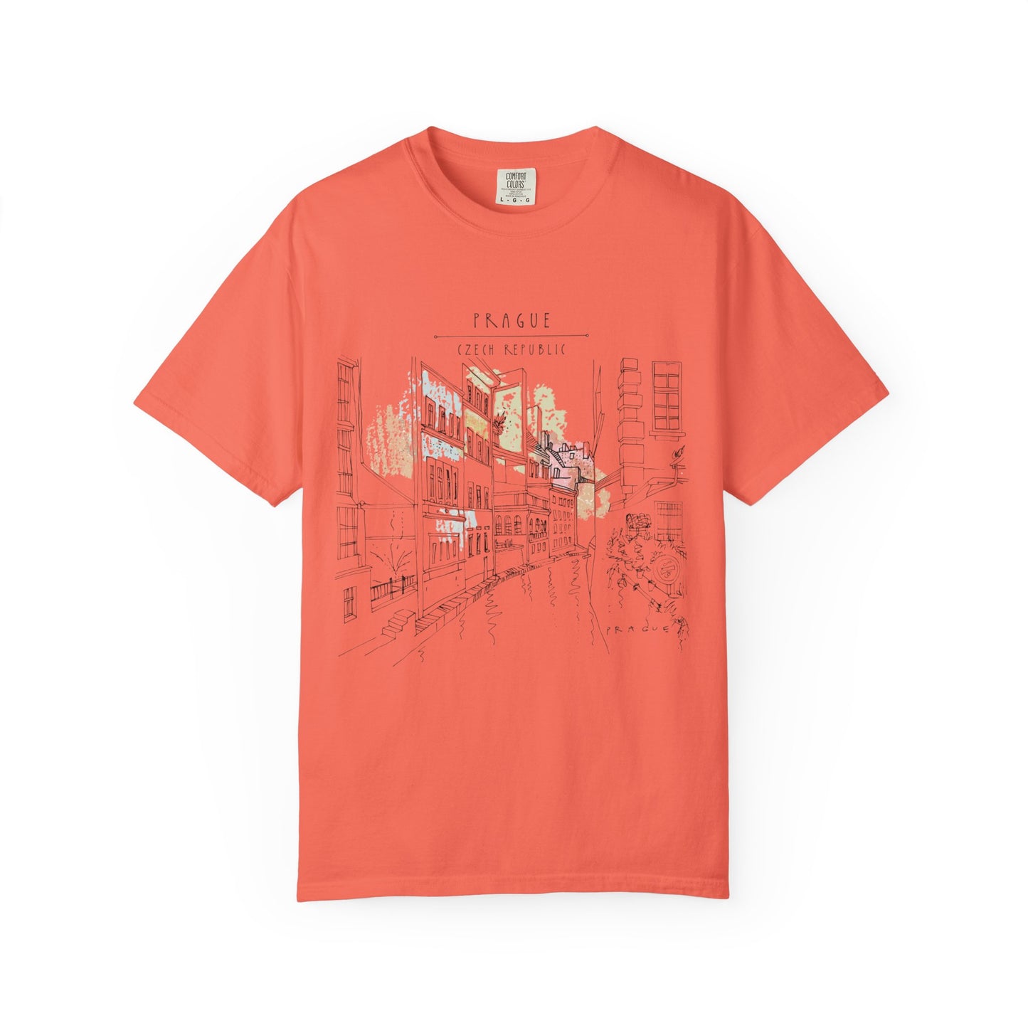 Prague Old Town Sketch T-Shirt | Unisex Vintage Garment-Dyed Tee | Travel Souvenir from Czech Republic