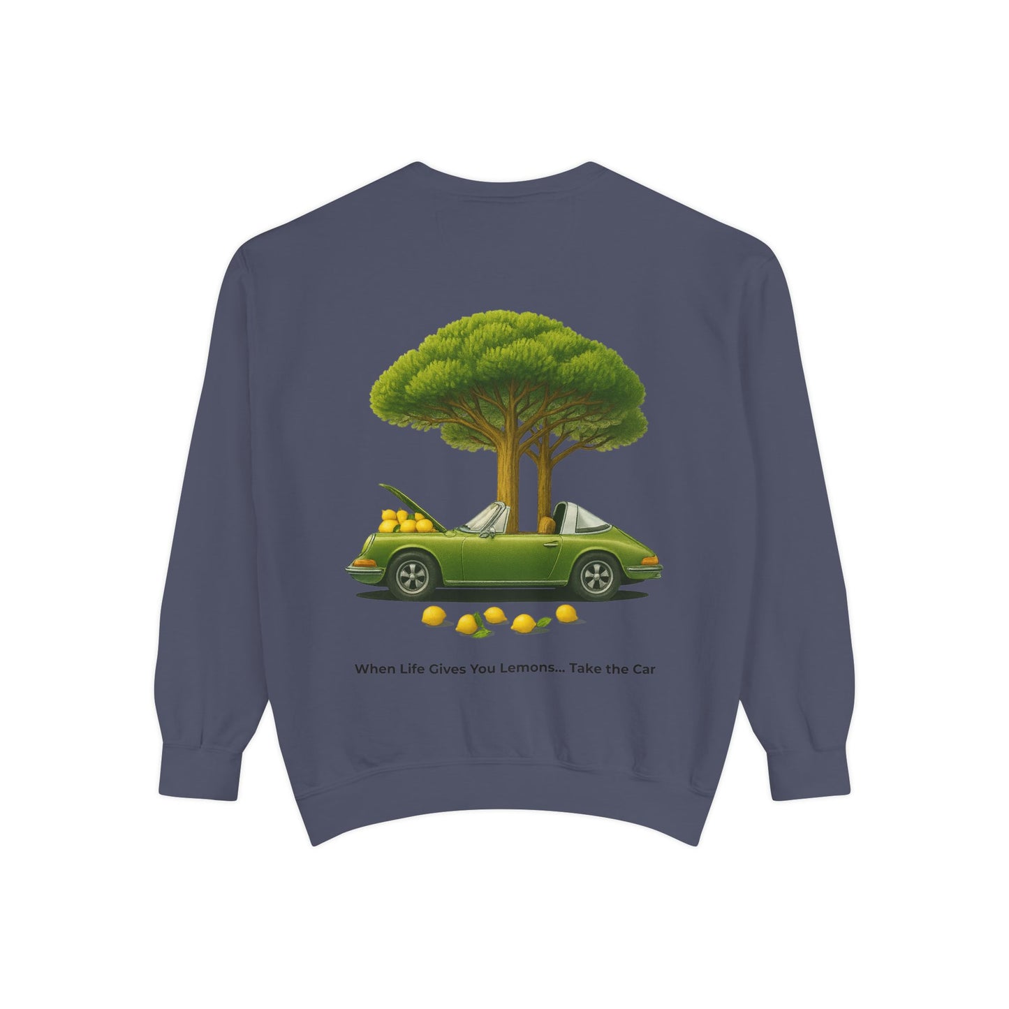 Vintage Car Graphic Crewneck Sweatshirt – Nature Scene Back Print