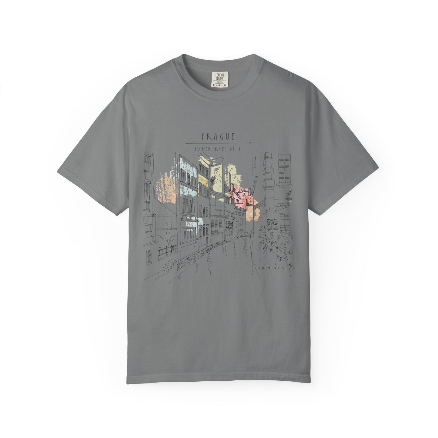 Prague Old Town Sketch T-Shirt | Unisex Vintage Garment-Dyed Tee | Travel Souvenir from Czech Republic