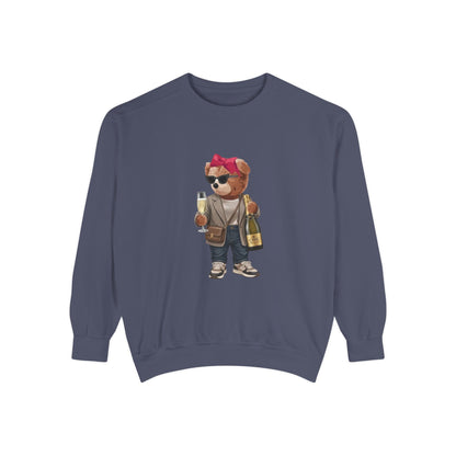 Cute Party Bear Sweatshirt, Funny Champagne Bear Graphic Crewneck, Unisex Cozy Pullover