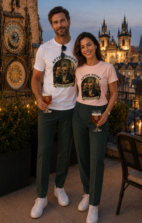 Couple wearing After Hours Prague Social Club graphic T-shirts on a rooftop terrace in Prague
