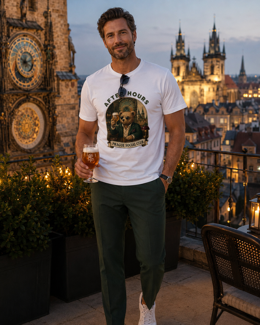 Man wearing an After Hours Prague Social Club graphic T-shirt on a Prague rooftop terrace