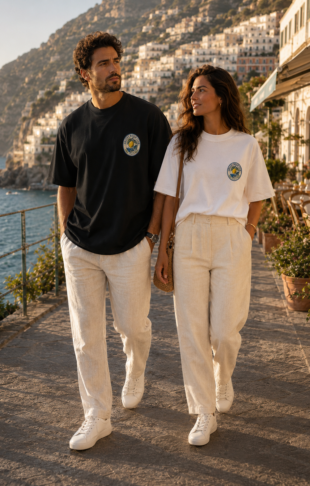 Couple wearing Amalfi Road Club T-shirts with small front logo in Positano on the Amalfi Coast