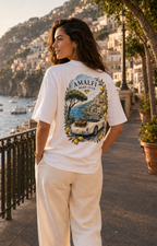 1. Woman wearing white Amalfi Road Club T-shirt with large vintage Amalfi Coast car and lemon back print