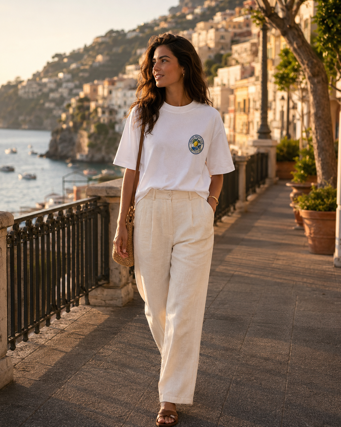 Woman wearing white Amalfi Road Club T-shirt with small front logo on the Amalfi Coast