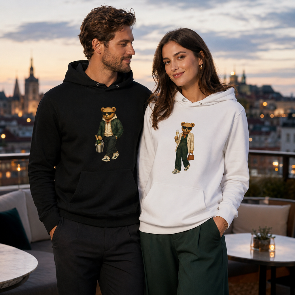 Young couple wearing Champagne Weekend and Prosecco Mood Bear organic cotton hoodies in Prague.