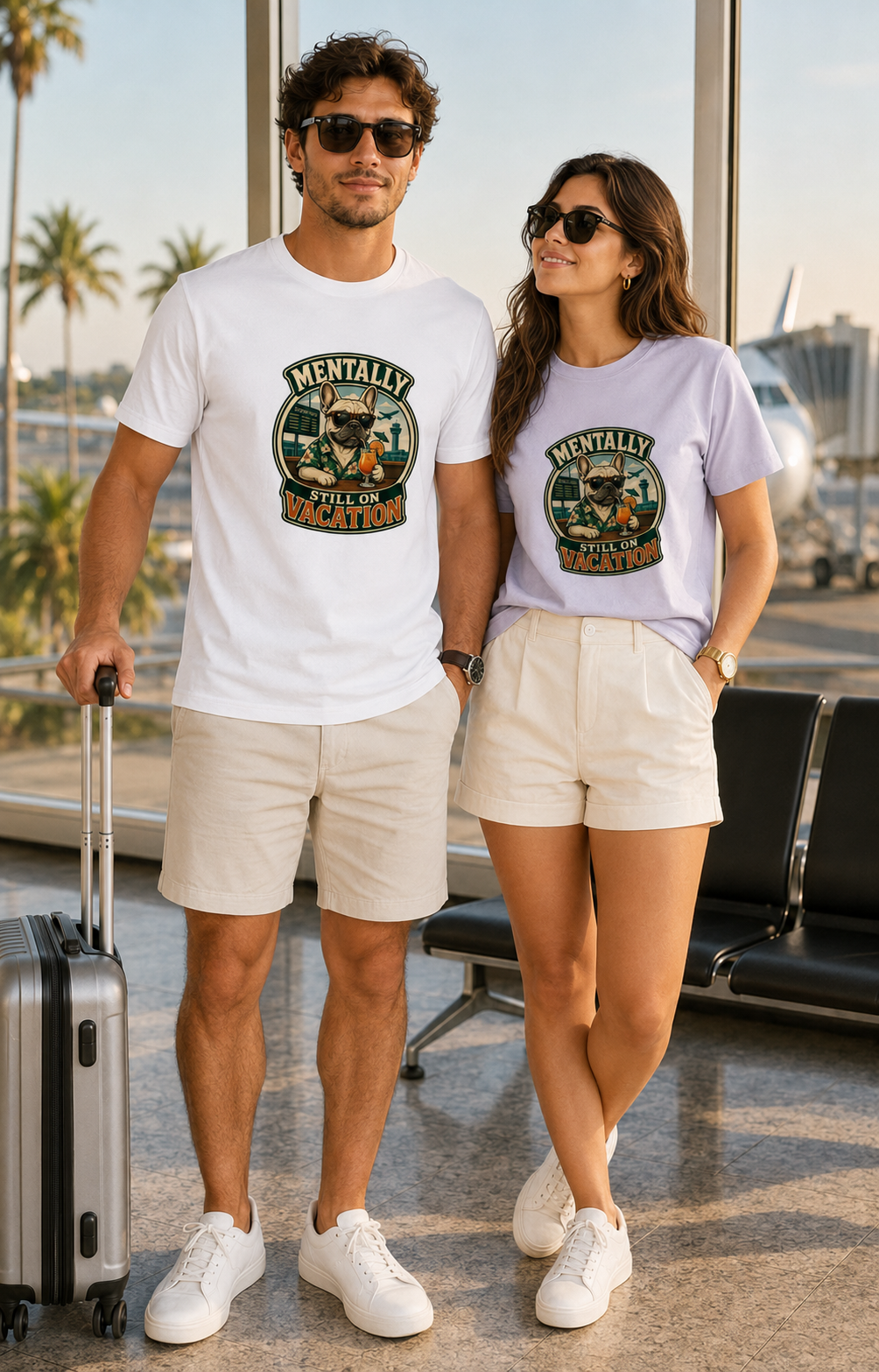 Young couple wearing white and lavender Mentally on Vacation French Bulldog T-shirts at the airport.