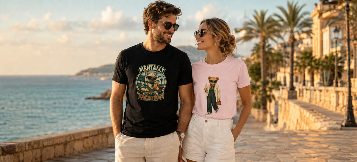 Man and woman wearing My Keepsake graphic T-shirts by the sea