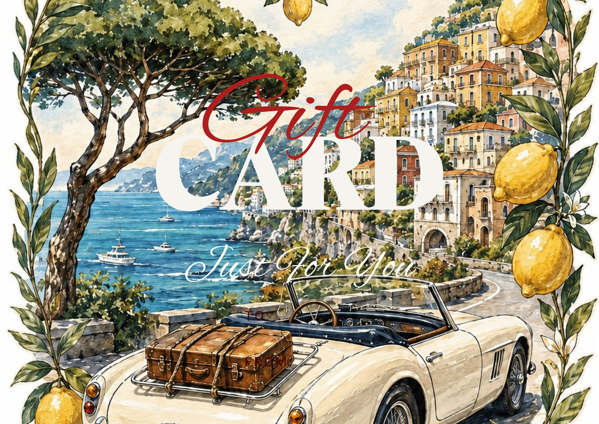 My Keepsake digital gift card with stylish Amalfi road club, gift box and vintage lemon car