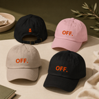Black, pink and stone OFF embroidered caps with orange MK logo displayed as a premium collection.