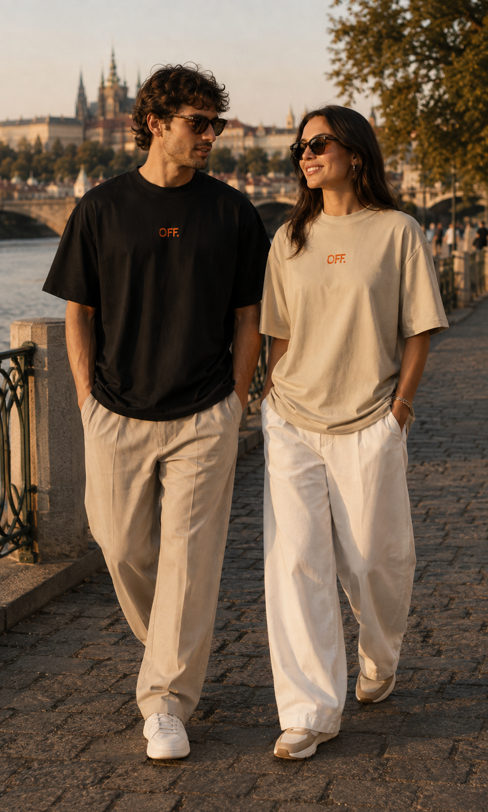 Lifestyle photo of a young couple styling OFF embroidered oversized organic cotton T-shirts.