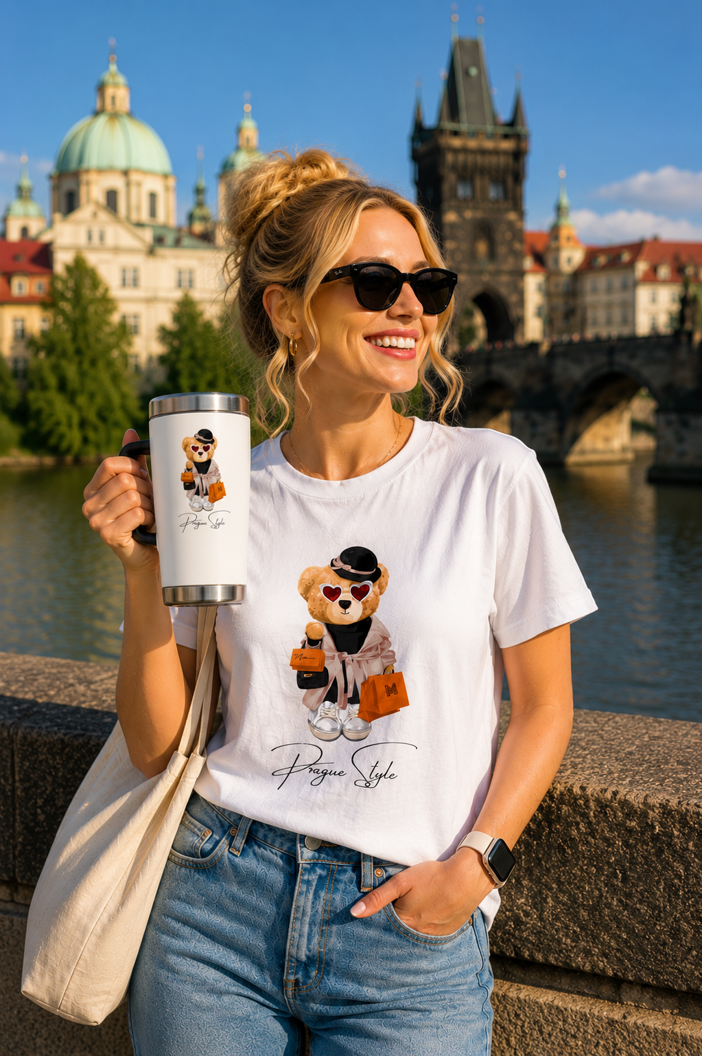 Woman wearing Prague Style Bear T-shirt holding a matching stainless steel travel mug in Prague.