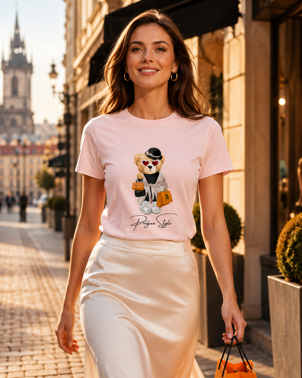 Woman wearing a pink Prague Style teddy bear T-shirt in Prague