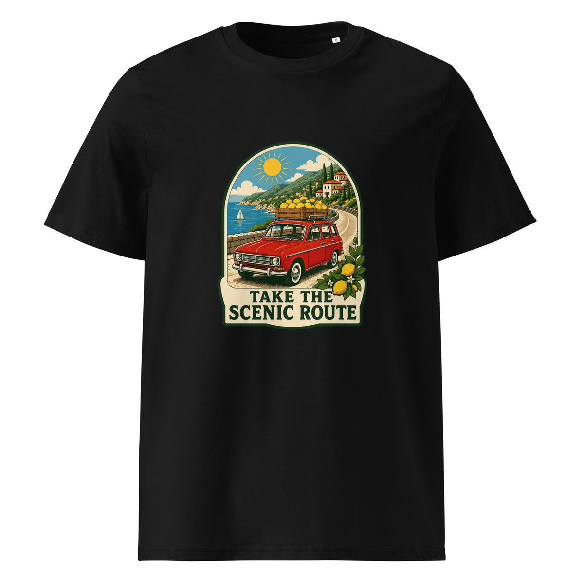 Vintage red car carrying lemons on a Mediterranean coastal road with Take the Scenic Route text.