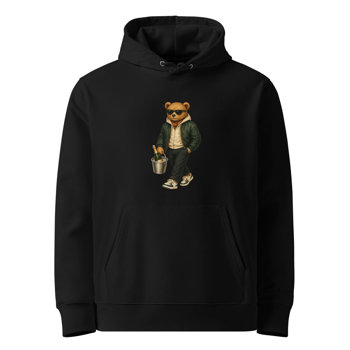 Champagne Weekend Bear black organic cotton hoodie with teddy bear and champagne bucket design