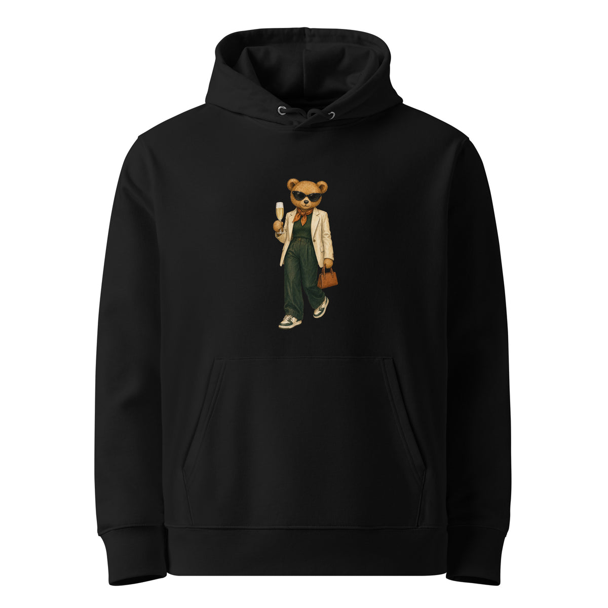 Black organic cotton hoodie with Prosecco Mood Bear design